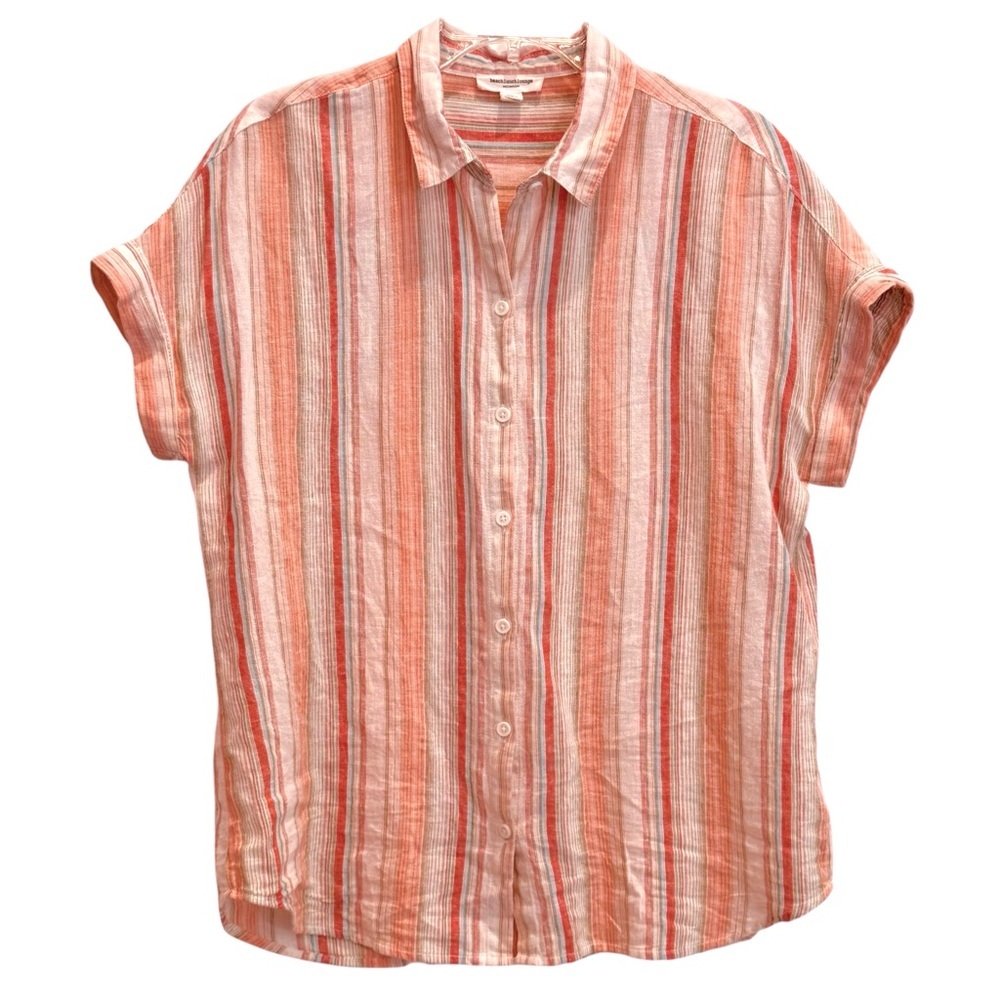 BeachLunchLounge Size M Linen Blend Stripe Roll Cuff Short Sleeve Shirt